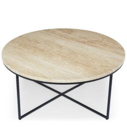 Couchtisch aus Travertin GISELLE - Runder Couchtisch, Travertin & schwarzes Metall, Ø80