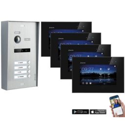 BALTER EVO 2-Draht BUS WIFI Komplettsystem, Aufputz Türstation für ein Vierfamilienhaus mit 4 Monitoren - Farbe Schwarz (Innenstation Farbe: Weiß / Türstation Farbe : Karbon-Graphit)