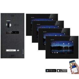 BALTER EVO 2-Draht BUS WIFI Komplettsystem, Türstation für ein Familienhaus mit 4 Monitoren - Farbe Schwarz (Innenstation Farbe: Schwarz / Türstation Farbe : Schwarz)
