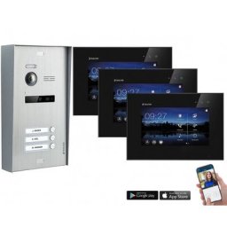 BALTER EVO 2-Draht BUS Komplettsystem mit Wifi , Aufputz Türstation für ein 3-Familienhaus mit 3 Monitoren - Farbe Schwarz (Innenstation Farbe: Weiß / Türstation Farbe : Karbon-Silver)