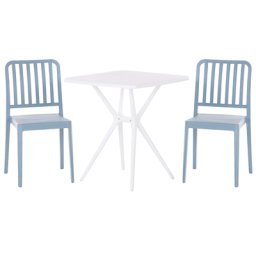Bistroset Blau und Weiß aus Kunststoff Tisch Quadratisch mit 2 Stühlen Stapelbar Praktisch Klein Outdoor Terrasse Balkon Garten Möbel