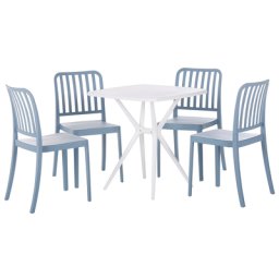 Gartenmöbel Set Blau und Weiß aus Kunststoff Tisch Quadratisch mit 4 Stühlen Stapelbar Praktisch Klein Outdoor Terrasse Balkon Garten Möbel