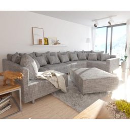 DELIFE Wohnlandschaft Clovis XL Hellgrau Strukturstoff Hocker Armlehne Modul, Design Wohnlandschaften, Couch Loft, Modulsofa, modular