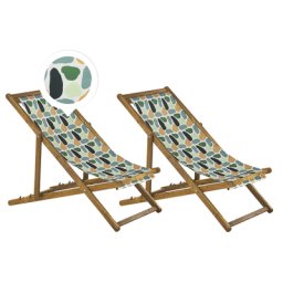 Liegestühle 2er Set helles Akazienholz mit mehrfarbigem Bezug Fleckenmuster zusammenklappbar Gartenausstattung Outdoor Gartenzubehör Modern
