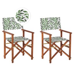 Gartenstühle 2er Set Dunkles Akazienholz mit Wechselbarem Bezug Cremeweiß / Grün Zusammenklappbar Blattmuster Outdoor Gartenzubehör