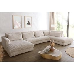 DELIFE Wohnlandschaft Isla 430x225 Cord Beige Ottomane rechts, Wohnlandschaften