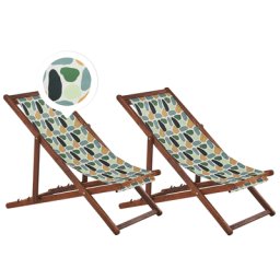 Liegestühle 2er Set dunkles Akazienholz mit mehrfarbigem Bezug Fleckenmuster zusammenklappbar Gartenausstattung Outdoor Gartenzubehör Modern
