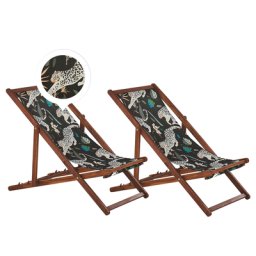 Liegestühle 2er Set aus dunklem Akazienholz mit schwarzem Bezug zusammenklappbar Gepardenmotiv Gartenausstattung Outdoor Gartenzubehör Modern