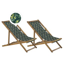 Liegestühle 2er Set aus hellem Akazienholz mit grünem Bezug zusammenklappbar Olivenzweigmotiv Gartenausstattung Outdoor Gartenzubehör Modern