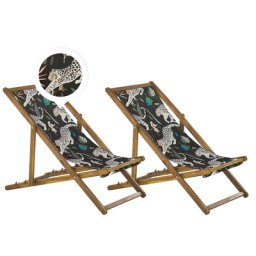Liegestühle 2er Set aus hellem Akazienholz mit schwarzem Bezug zusammenklappbar Gepardenmotiv Gartenausstattung Outdoor Gartenzubehör Modern