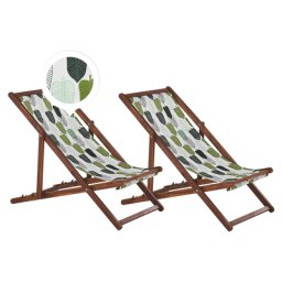 Liegestühle 2er Set Weiß/Grün dunkles Akazienholz mit buntem Bezug zusammenklappbar Blättermotiv Gartenausstattung Outdoor Gartenzubehör Modern