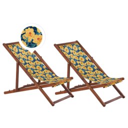 Liegestühle 2er Set aus dunklem Akazienholz mit buntem Bezug zusammenklappbar Blumenmuster Gartenausstattung Outdoor Gartenzubehör Modern