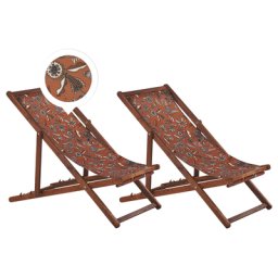 Liegestühle 2er Set aus dunklem Akazienholz mit rotem Bezug zusammenklappbar Pflanzenmotiv Gartenausstattung Outdoor Gartenzubehör Modern