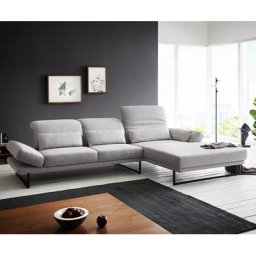DELIFE Ecksofa Enya 320x190 cm Flachgewebe Hellgrau Recamiere rechts mit Sitztiefenverstellung, Ecksofas