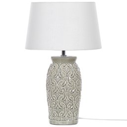 Tischlampe Grau und Weiß Keramik Ornamente Antik Optik 48cm Stoffschirm Kegelform langes Kabel mit Schalter handgemacht Schlaf- u. Wohnzimmer