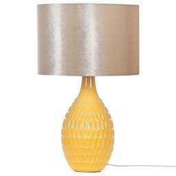 Tischlampe Gelb / Gold 54 cm geprägt Keramiksockel Kabel mit Schalter glänzender Lampenschirm Stoff Schlafzimmer Wohnzimmer Retro
