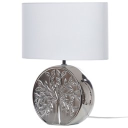Tischlampe Silber 49 cm Keramiksockel Glänzend mit Baummotiv Kabel mit Schalter Lampenschirm in Weiß Schlafzimmer Wohnzimmer Glamourös