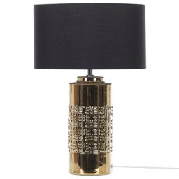 Tischlampe Gold 48 cm Keramiksockel Glänzend Kabel mit Schalter Lampenschirm in Schwarz Schlafzimmer Wohnzimmer Glamourös
