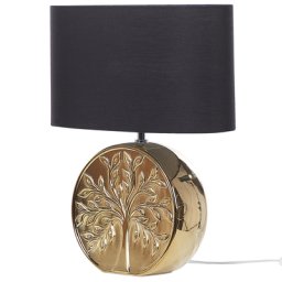 Tischlampe Gold 49 cm Keramiksockel Glänzend mit Baummotiv Kabel mit Schalter Lampenschirm in Schwarz Schlafzimmer Wohnzimmer Glamourös