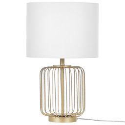 Tischlampe Gold Metall 58 cm Stoffschirm Weiß Lampenfuss aus zahlreichen goldverzierten Längsstäben Kabel mit Schalter Modernes Design