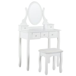Schminktisch Weiß MDF-Platte mit Holzbeinen Ovalem Spiegel 5 Schubladen Hocker Glamour für Erwachsene Schlafzimmer Garderobe Jugendzimmer