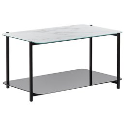 Couchtisch Weiß und Schwarz Marmor Optik Glas 77 x 47 cm Rechteckig Beistelltisch mit Ablage Regal für Wohnzimmer