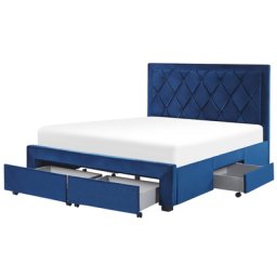 Polsterbett Blau Samtstoff 4 Schubladen Lattenrost 160 x 200 cm mit hohem Kopfteil im Chesterfield Stil Knopfheftung Glamourös Schlafzimmer