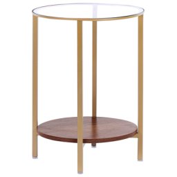 Beistelltisch Gold und Dunkelbraun Glasplatte mit Metallbeinen Ablage in Holzoptik Rund 40 cm Salon Wohnzimmer Diele Flur Bad Esszimmer