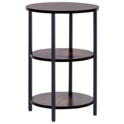Beistelltisch Dunkelbraun Holzoptik Metallgestell in Schwarz Drei Ablageflächen Regale Rund Couchtisch Wohnzimmertisch Industriestil