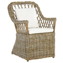 Gartensessel Natürlich Rattan mit 2 Auflagen Cremeweiß Baumwolle Terrasse Balkon Außen Wohnzimmer Gartenzubehör im Retro Stil