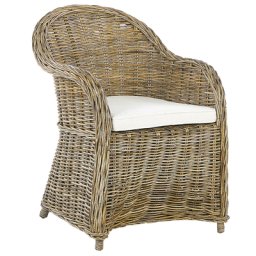 Gartensessel Natürlich Rattan mit hoher Rückenlehne Auflage Cremeweiß Baumwolle Terrasse Balkon Außen Wohnzimmer Gartenzubehör im Retro Stil