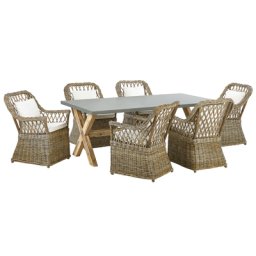 Gartenmöbel Set 7-teilig Natürlich Rattan Tisch 200 x 100 cm Rechteckig Grau Faserzement mit 6 Stühlen Auflagen Cremeweiß Baumwolle Outdoor