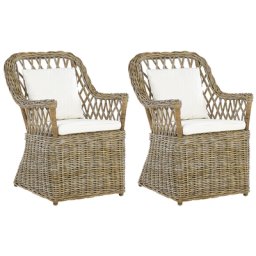 Gartensessel 2er Set Natürlich Rattan mit 2 Auflagen Cremeweiß Baumwolle Terrasse Balkon Außen Wohnzimmer Gartenzubehör im Retro Stil