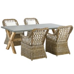 Gartenmöbel Set 5-teilig Natürlich Rattan Tisch 200 x 100 cm Rechteckig Grau Faserzement mit 4 Stühlen Auflagen Cremeweiß Baumwolle Outdoor