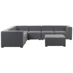 Lounge Set Grau Polsterbezug Modular 7-teilig Rechtsseitig Ecksofa mit Ottomane Outdoor u. Indoor für 7 Personen Garten Terrasse Wintergarten