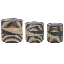 Pflanzkorb Natürlich Seegras 3er Set Rund Handgeflochten mit Folie Verschiedene Höhen Boho Gartenaccessoires Gartenzubehör Gartendekoration