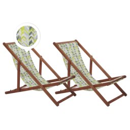 Liegestühle 2er Set aus dunklem Akazienholz mit gelb-grauem Bezug zusammenklappbar Zick Zack Muster Gartenausstattung Gartenzubehör Modern