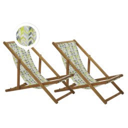 Liegestühle 2er Set aus hellem Akazienholz mit gelb-grauem Bezug zusammenklappbar Zick Zack Muster Gartenausstattung Gartenzubehör Modern