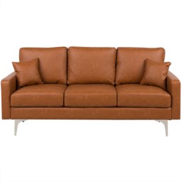 Sofa Braun Kunstleder 3-Sitzer Klassisch Zierkissen Wohnzimmer
