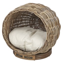 Katzenbett Natürlich Rattan Kugel 50 cm Rund mit Kissen Modern Katzenkorb Katzenhöhle Katzenhaus Katzenversteck Kuschelhöhle für Haus Wohnung