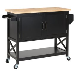 Servierwagen Schwarz Gummibaumholz MDF mit geräumigem Schrank und Seitengriffen auf Rollen Landhausstil Elegant Multifunktional Wonzimmer
