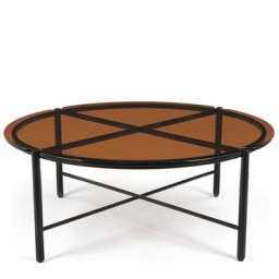 Couchtisch VITTORIO - Runder Couchtisch, Bernsteinfarbenes Rauchglas & schwarzes Metall, ∅90
