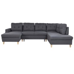 Sofa mit Schlaffunktion Grau Leinen U-Form Ecksofa mit Stauraum 4-Sitzer Schlafsofa für Wohnzimmer