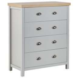 Kommode Grau und Heller Holzfarbton Faserplatte mit Griffen 4 Schubladen Soft-Close Halbhoch Rustikal Landhausstil Multifunktional Schlafzimmer