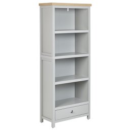 Bücherregal Grau und Heller Holzfarbton Faserplatte mit 4 Fächern und 1 Schublade Soft-Close Hoch Landhausstil Multifunktional Wohnzimmer