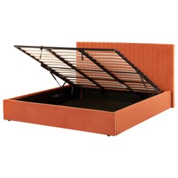Polsterbett Orange Samtstoff 180 x 200 cm mit Stauraum und Lattenrost gestepptes Kopfteil luxuriös elegant modern für Schlafzimmer
