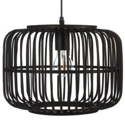 Hängeleuchte Schwarz Rattan mit Rundem Schirm Trommelform Langes Kabel Boho Stil für Esstisch Wohnzimmer Flur Wohnküche