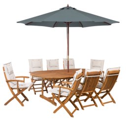 Gartenmöbel Set Hellbraun Beige Akazienholz Textil 8-Sitzer inkl. Auflagen und Sonnenschirm Terrasse Outdoor Modern Landhaus