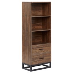 Bücherregal Dunkler Holzfarbton / Schwarz aus MDM Platte mit Metallgriffen mit 3 Fächern und 2 Schubladen Wohnzimmer Modernes Design