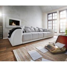 DELIFE Big-Sofa Violetta 310x135 Creme Hellgrau mit 12 Kissen, Big Sofas